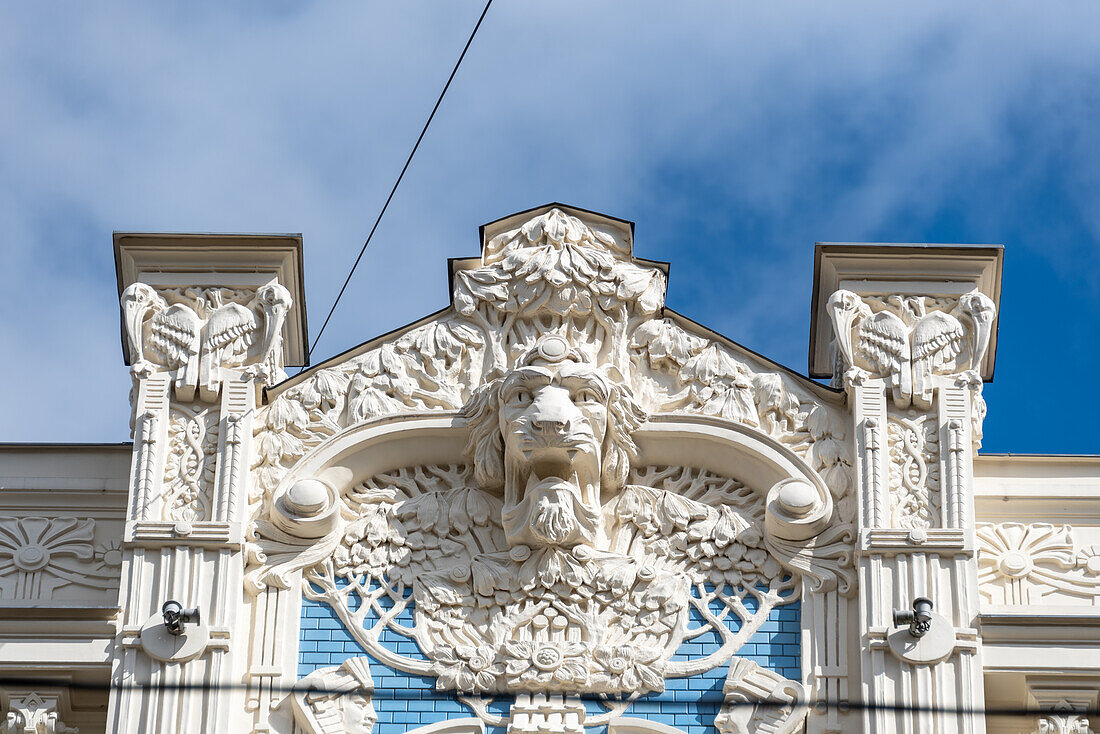 Details eines Jugendtsilgebäude in der Alberta iela in Riga, Gebäude dieser Straße gehören zum Unesco-Welterbe, Riga, Lettland