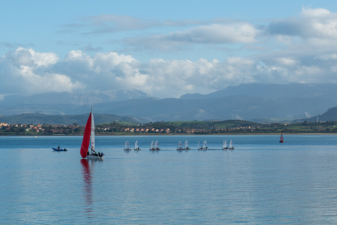 Sailing boats near coast in Santander, Cantabria, Spain