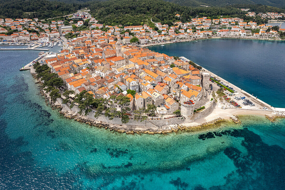  The old town of Korcula town seen from the air, Croatia, Europe  