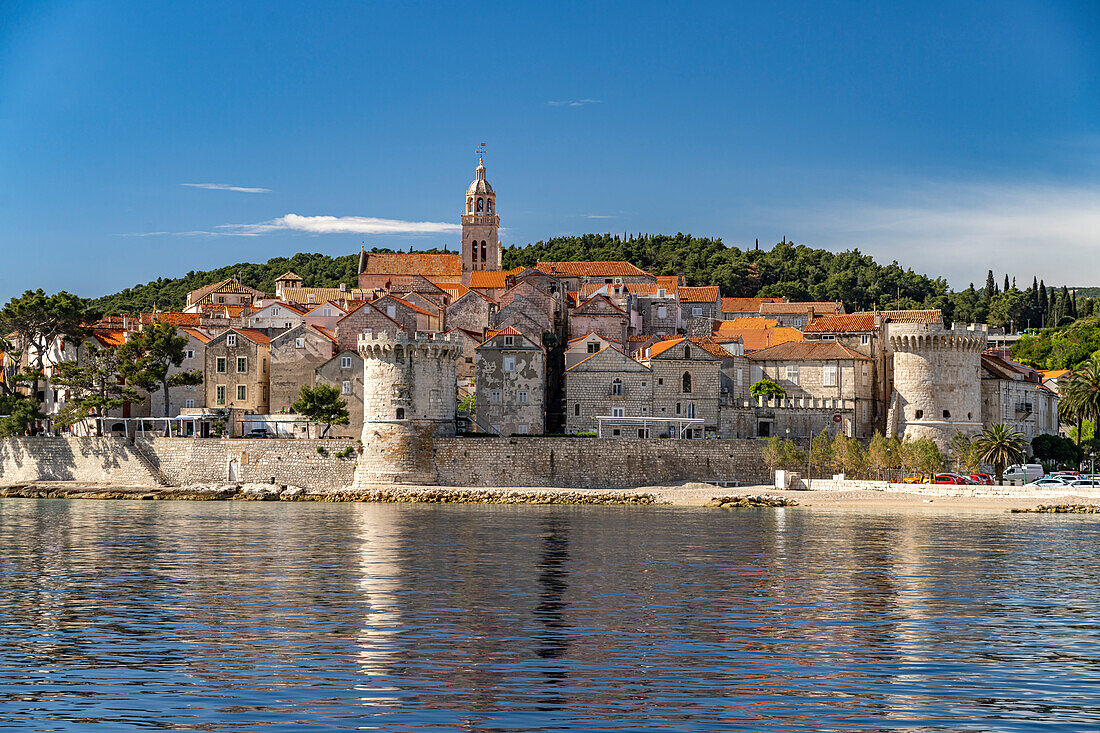  The old town of Korcula town with city walls and cathedral, Croatia, Europe  