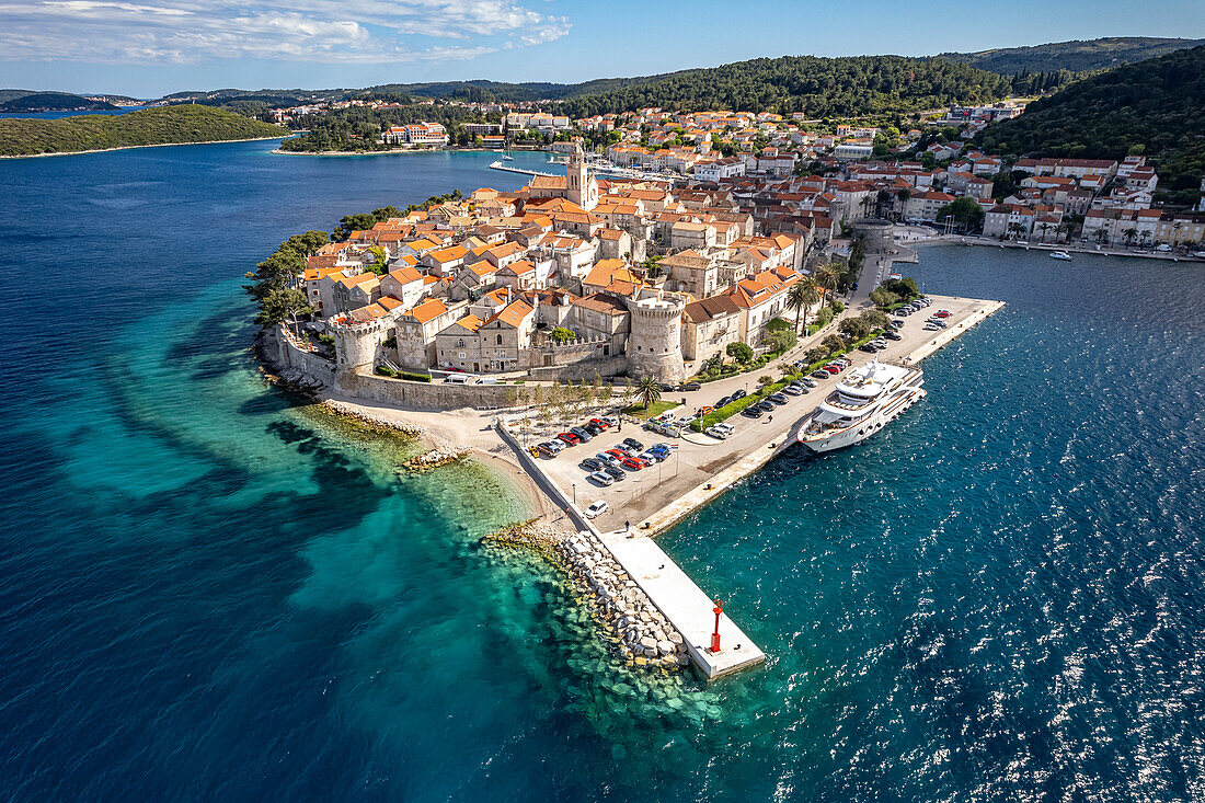  The old town of Korcula town seen from the air, Croatia, Europe  