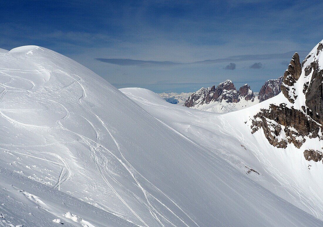  on the Marmolada with view to the Sasso Lungo, Dolomites Veneto, Italy, winter 