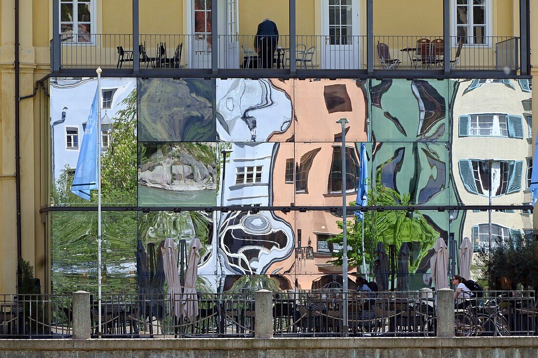  Reflection on the river Inn, old town of Innsbruck, Tyrol, Austria 