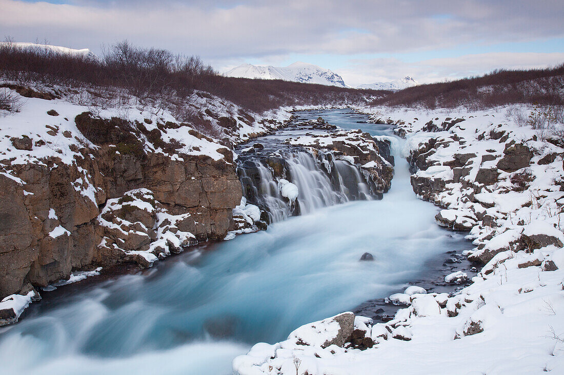  Hlauptungufoss waterfall, winter, Southland, Iceland 