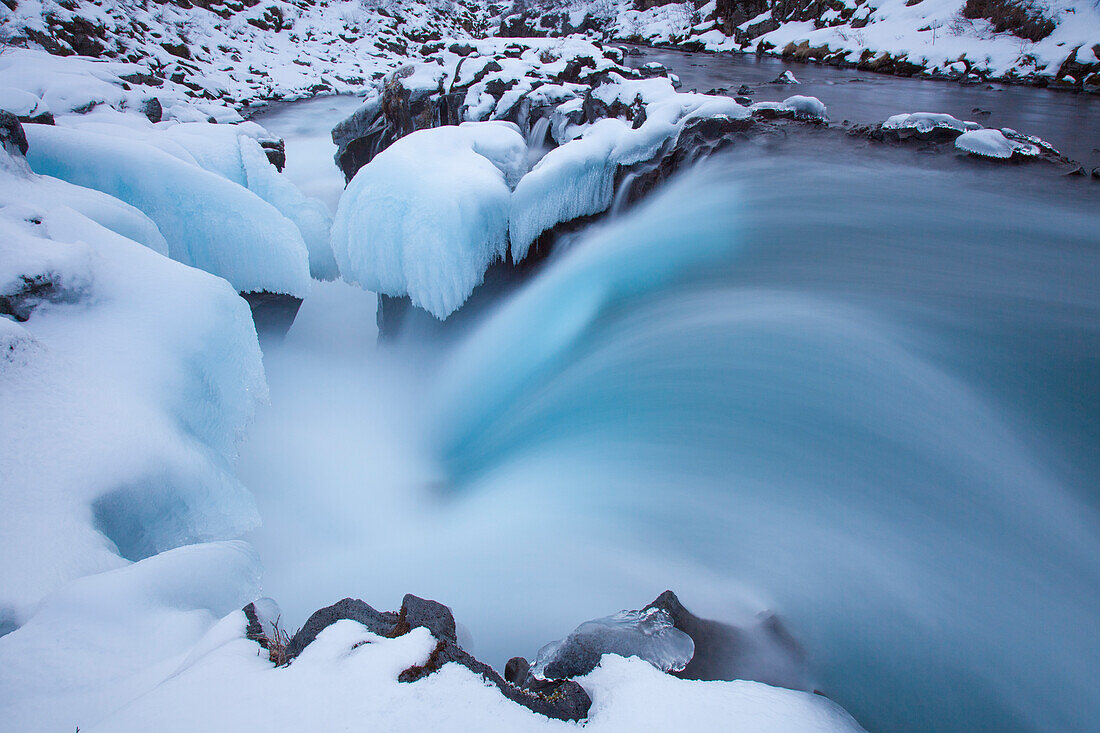  Hlauptungufoss waterfall, winter, Southland, Iceland 