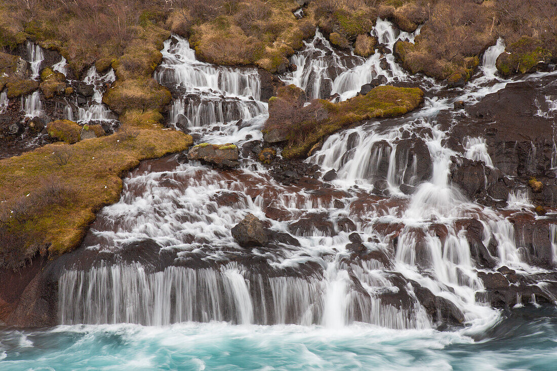  Hraunfossar are waterfalls of the river Hvíta, Winter, Vesturland, Iceland 