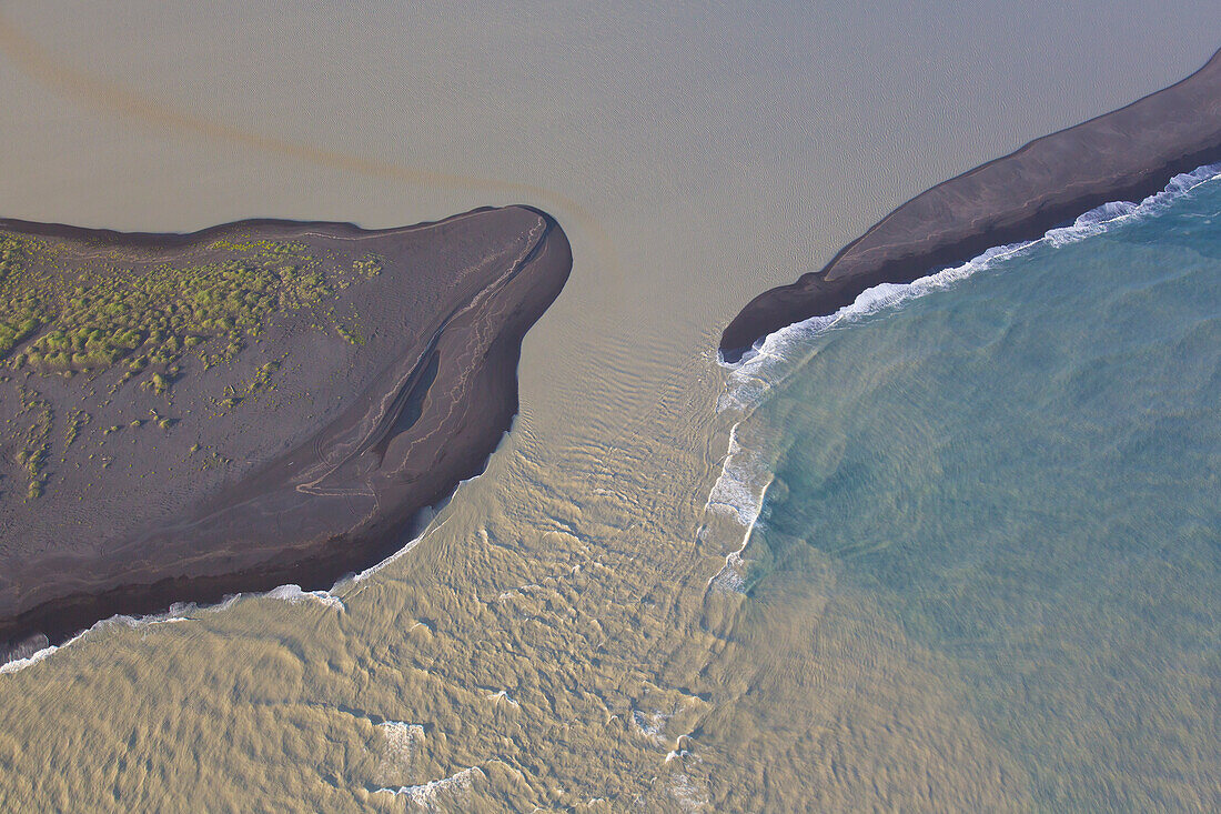  Sediments in the water at the lava sand beach Landeyjarsandur, aerial photo, summer, Iceland 