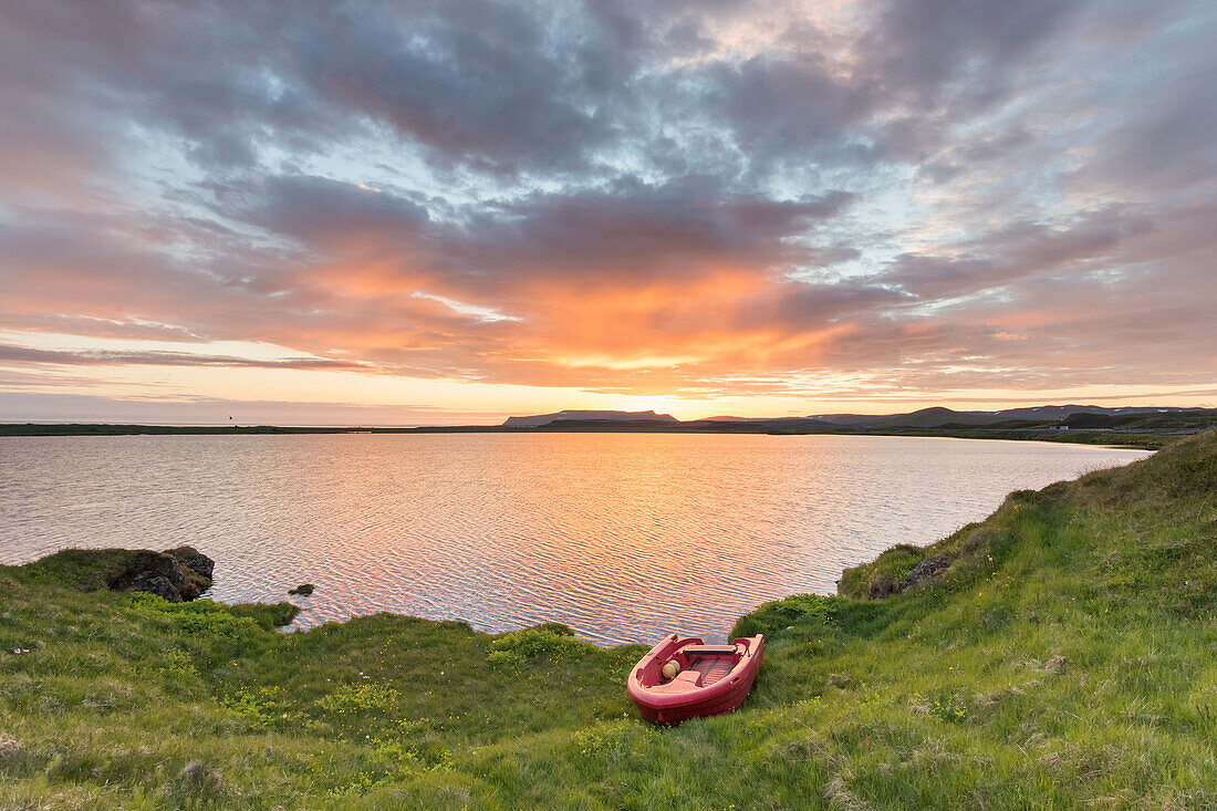  Rowing boat on Lake Prestholalon, Nordurland eystra, Iceland 