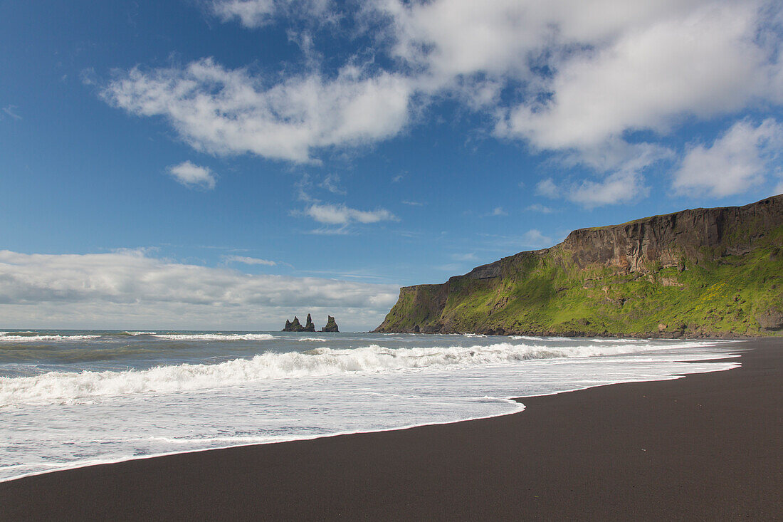  Basalt rock needles Reynisdrangar, Reynisfjara, summer, Iceland 