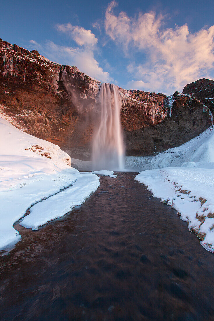  Seljalandsfoss, 66m high waterfall, winter, Iceland 