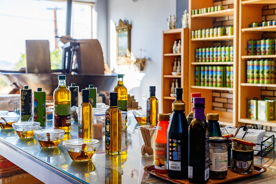  Olive oil tasting in the shop of the olive oil factory Hatzipetros in Linopotis near Pyli on the island of Kos in Greece 