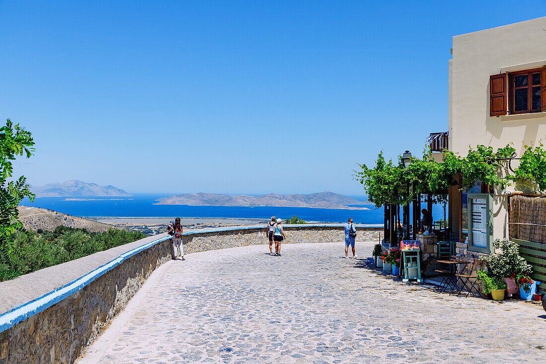  View from the mountain village of Zia to the salt lake Alikes on the island of Kos and to the islands of Kalymnos and Pserimos in Greece 