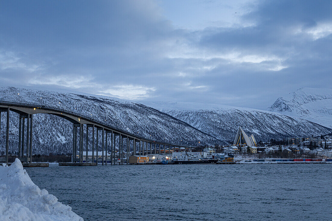  Tromsø Bridge and Arctic Cathedral in Tromsø in December. 