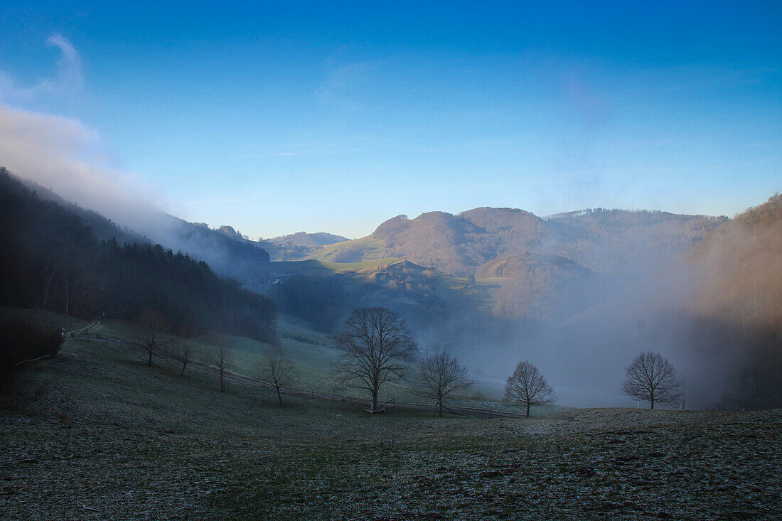  Morning mood in winter landscape without snow, with morning mist and hills, Jura, Aargau Switzerland. 