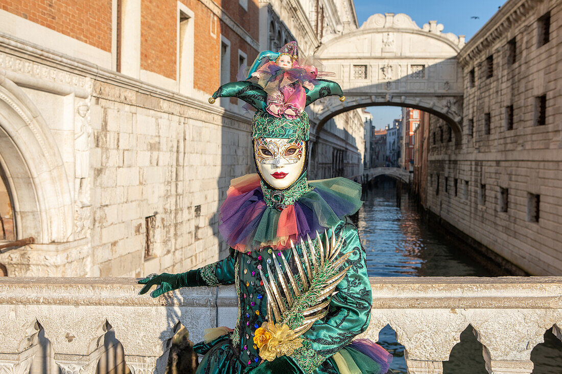  Mask in front of the Bridge of Sighs at the Carnival in Venice, Venice, Veneto, Northern Italy, Italy, Europe 