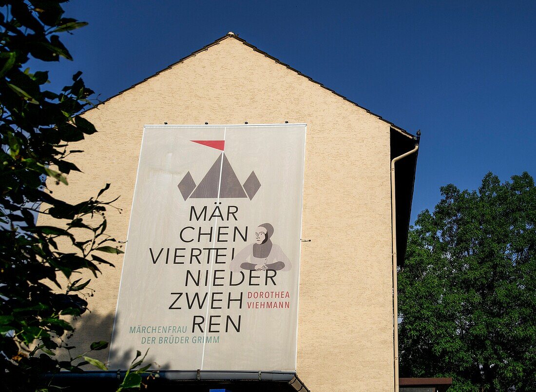  Fairytale district Niederzwehren, banner on Frankfurter Straße, Niederzwehren, Kassel, Hesse, Germany 