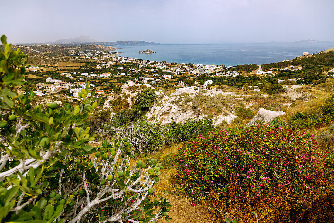  View of the bay of Kefalos with Agios Stefanos and Kamari and the island of Kastri on the island of Kos in Greece 