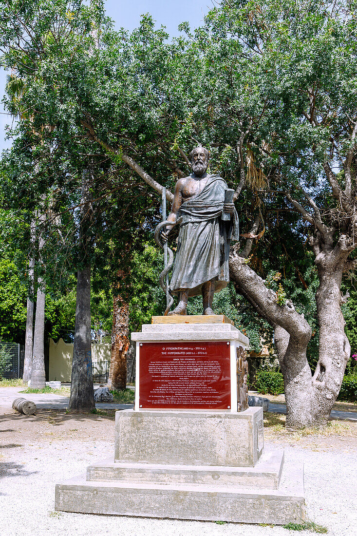  Bronze statue of Hippocrates at the entrance to the plane tree of Hippocrates in Kos Town on the island of Kos in Greece 