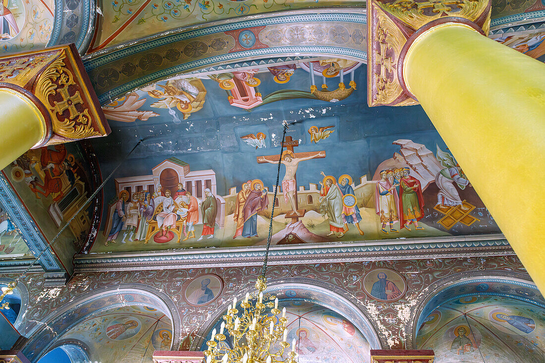  Ceiling frescoes depicting the washing of Pilate&#39;s hands, the crucifixion of Christ and the descent into the underworld in the interior of the church of Agia Paraskevi in Kos Town on the island of Kos in Greece after restoration of the earthquake damage of 2017 