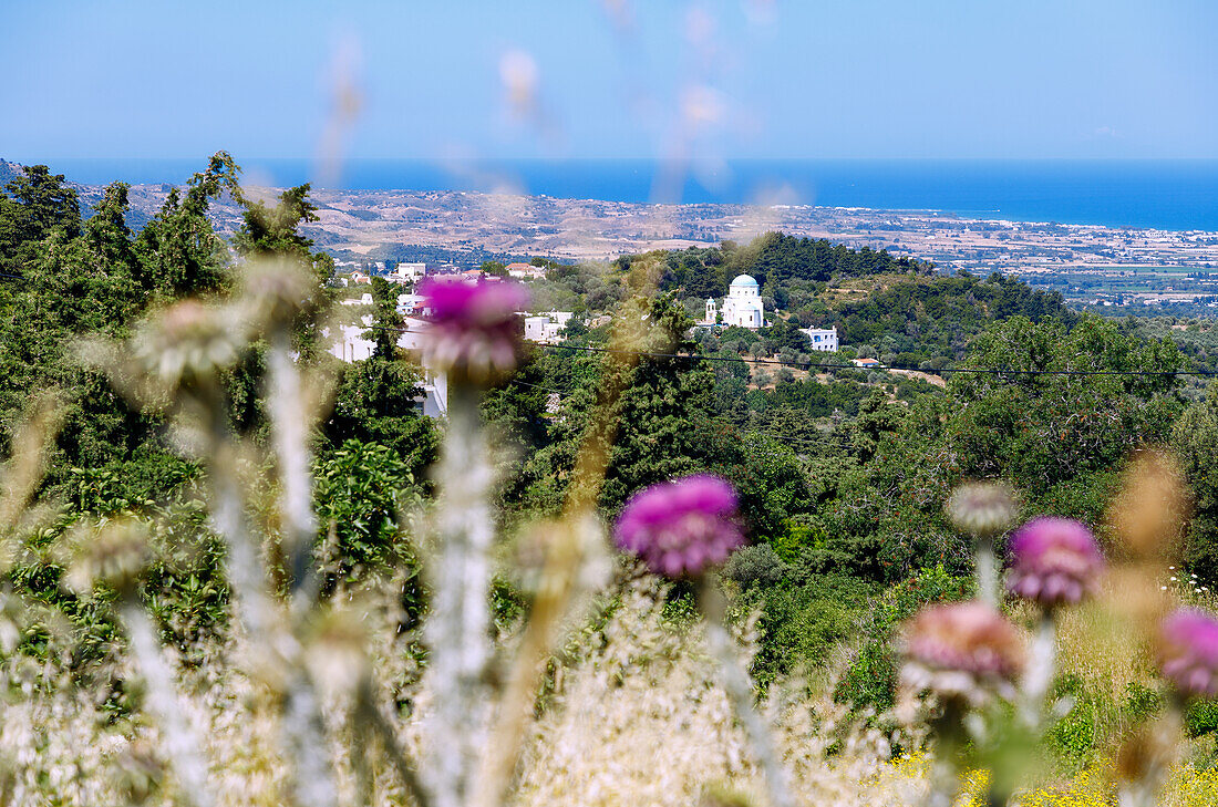  View of the mountain village Lagoudia (Lagoudi) with the church Panagia Theotokou Genesiou and the north coast on the island of Kos in Greece 