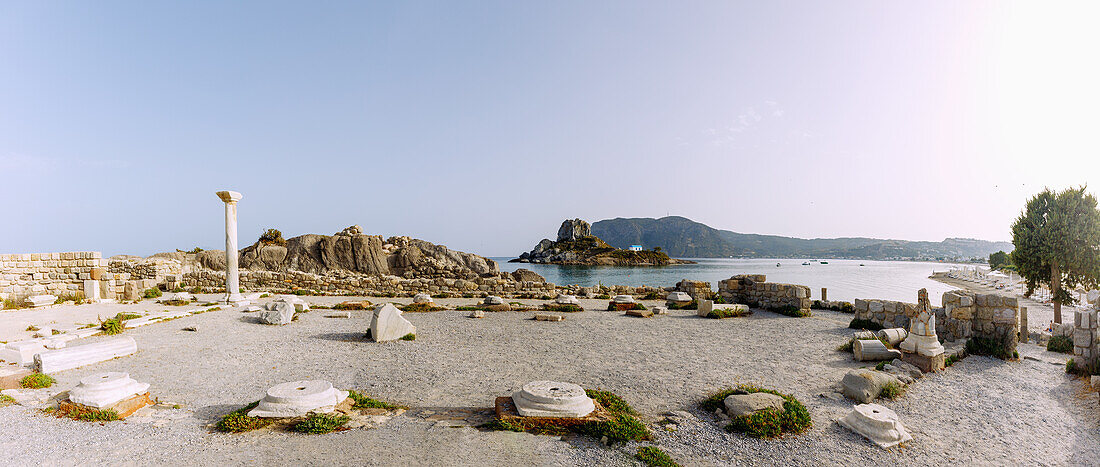  Early Christian basilica of Agios Stefanos with a view of the island of Kastri with the chapel of Agios Nikolaos, the bay of Kefalos and Agios Stefanos Beach on the island of Kos in Greece 