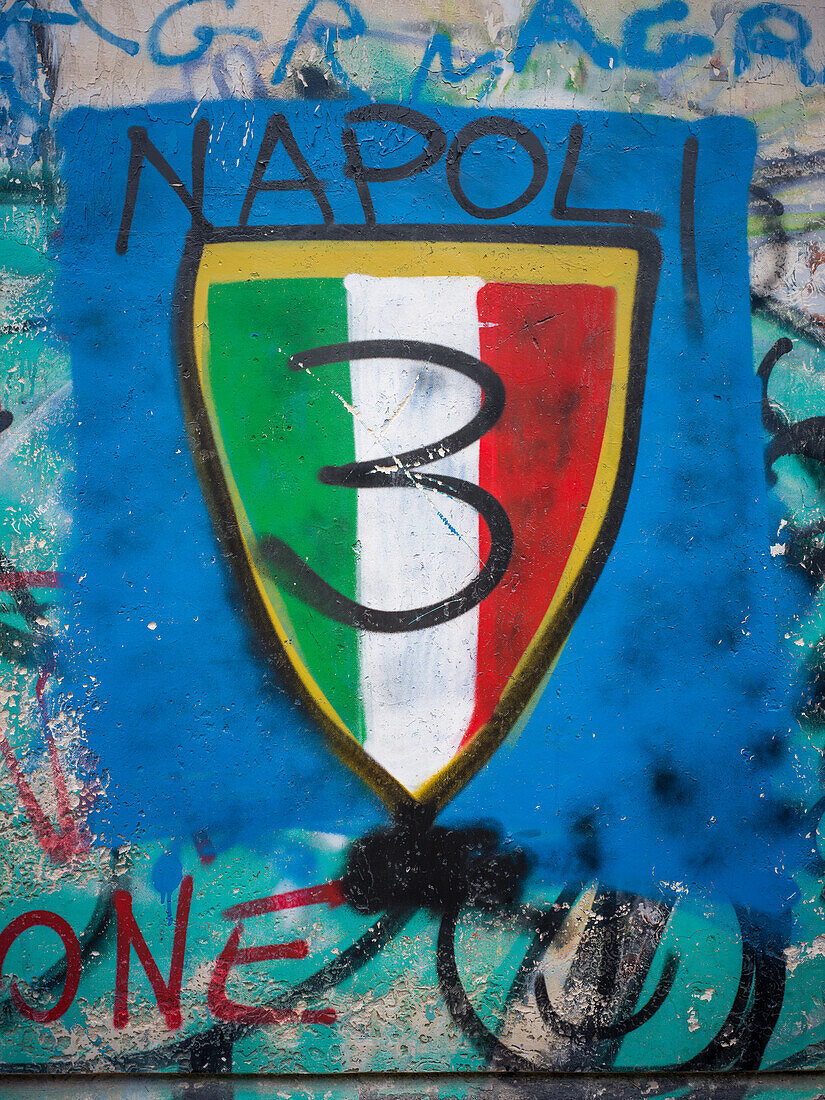  Neapolitans are proud of their 3 football championships, graffiti in the old town of Naples, Naples, Campania, Southern Italy, Italy, Europe 