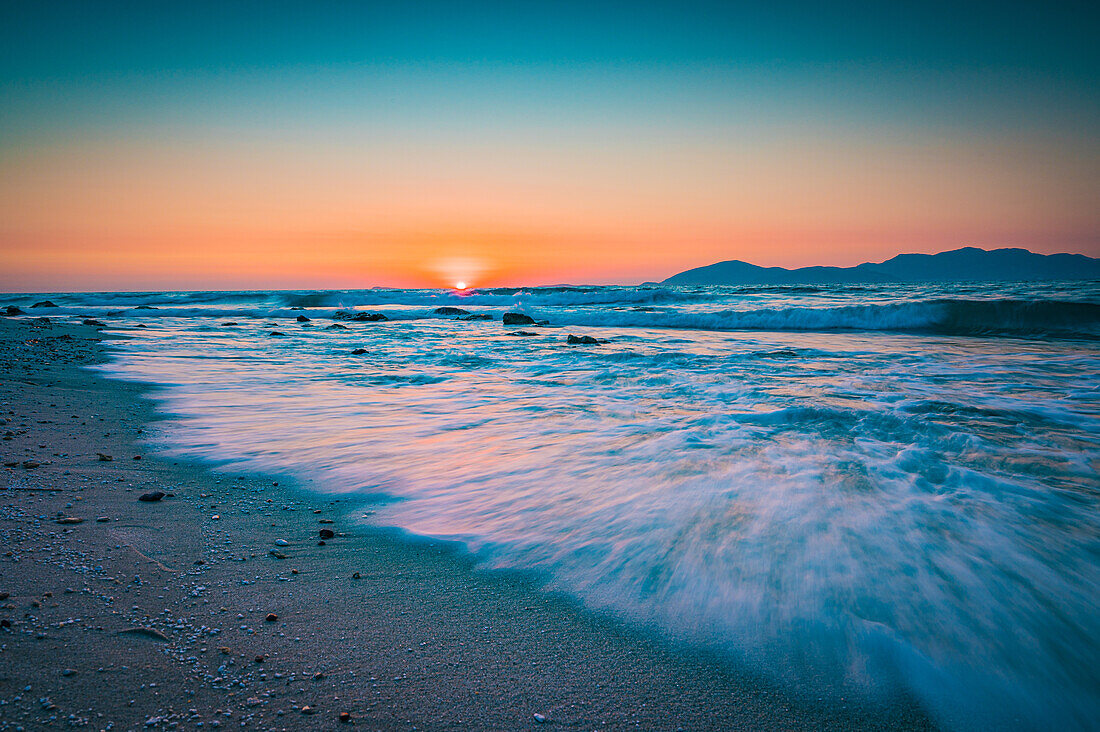  Beach on Kos island near Mastichari town in summer at sunset, Mastichari, Kos, Greece 