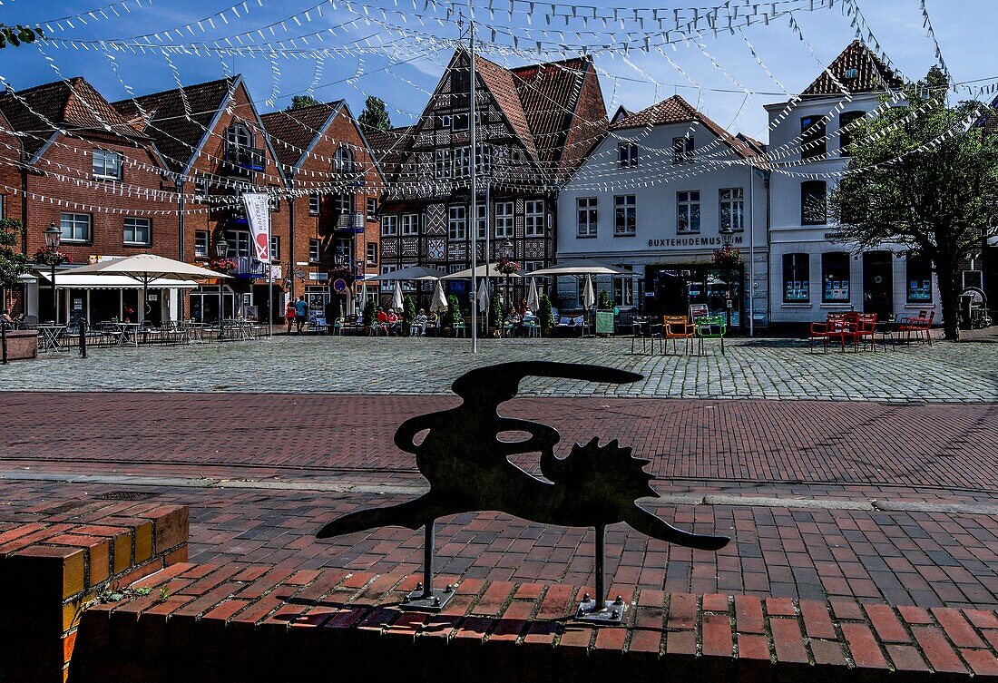  Motif hare and hedgehog, gastronomy and museum at St. Petri Square in Buxtehude, Lower Saxony, Germany 