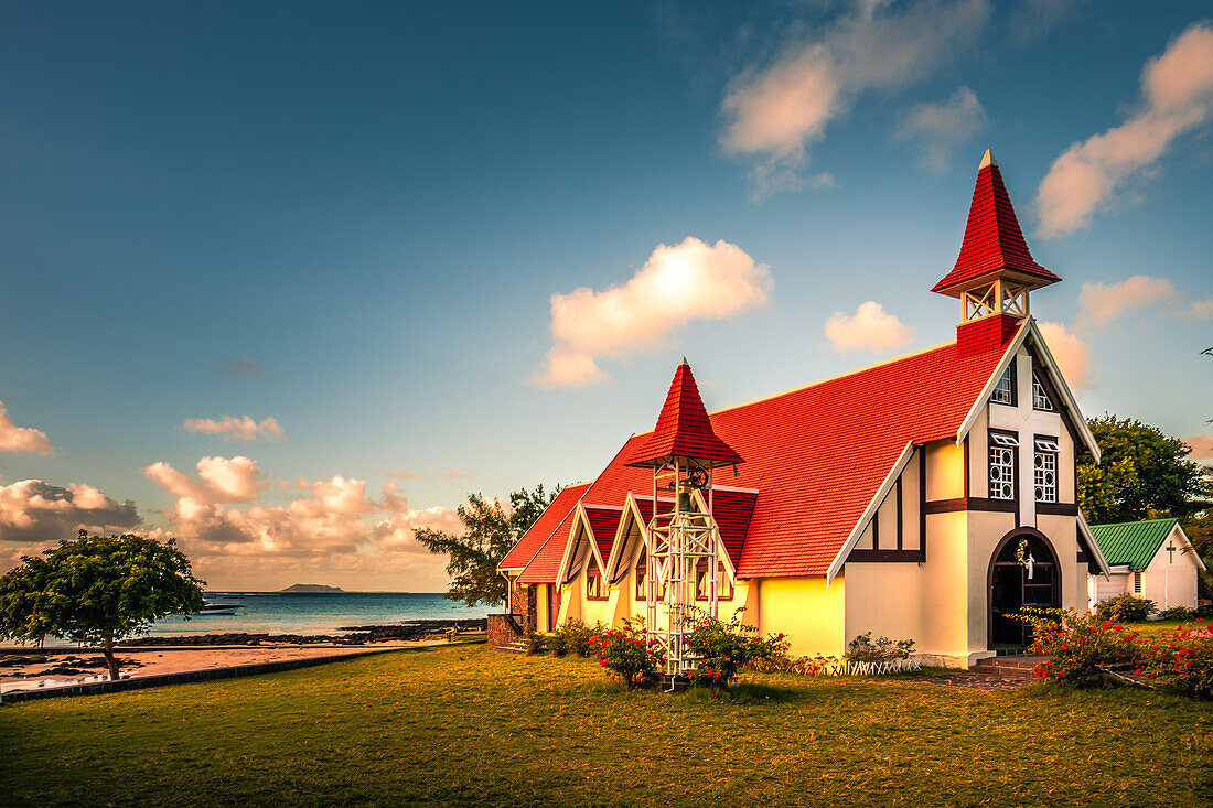  Church of Notre-Dame Auxiliatrice de Cap Malheureux, sunset on Mauritius, Africa 