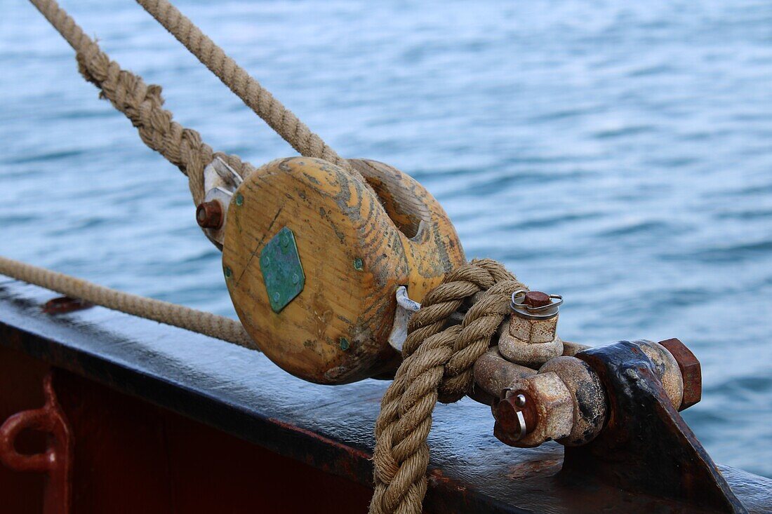  Wooden pulley on sailing ship 