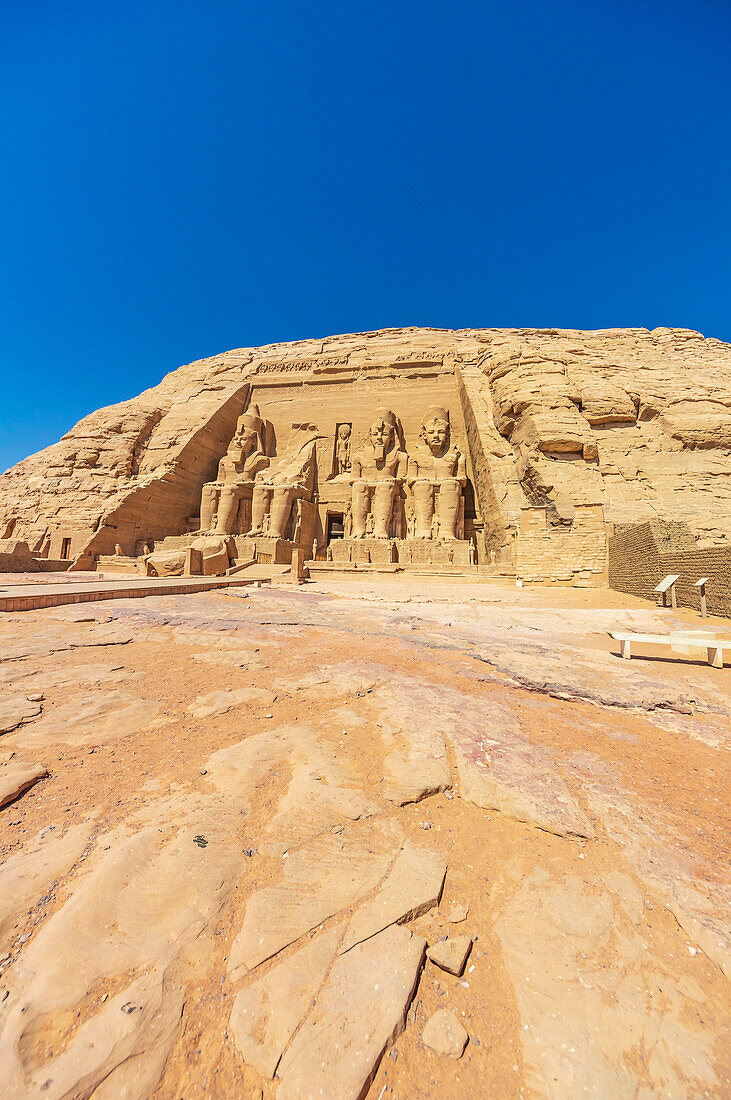  The temples of Abu Simbel are two rock temples on the western shore of Lake Nasser. They are located in the Egyptian part of Nubia on the southeastern edge of the town of Abu Simbel  