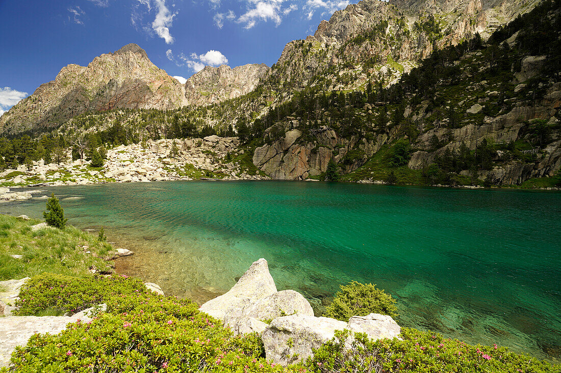  The Estany de Monestero lake in the Aigüestortes i Estany de Sant Maurici National Park, Catalonia, Spain, Europe 