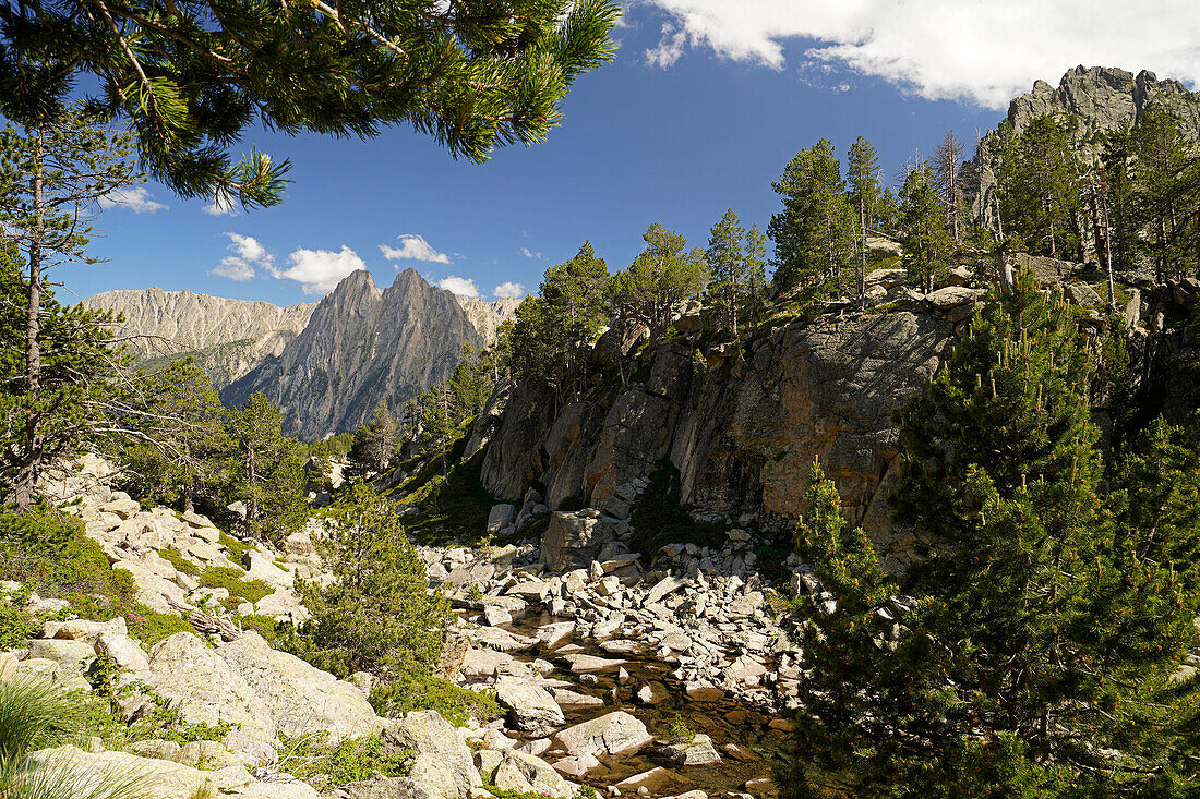  Mountain landscape in the Aigüestortes i Estany de Sant Maurici National Park, Catalonia, Spain, Europe 