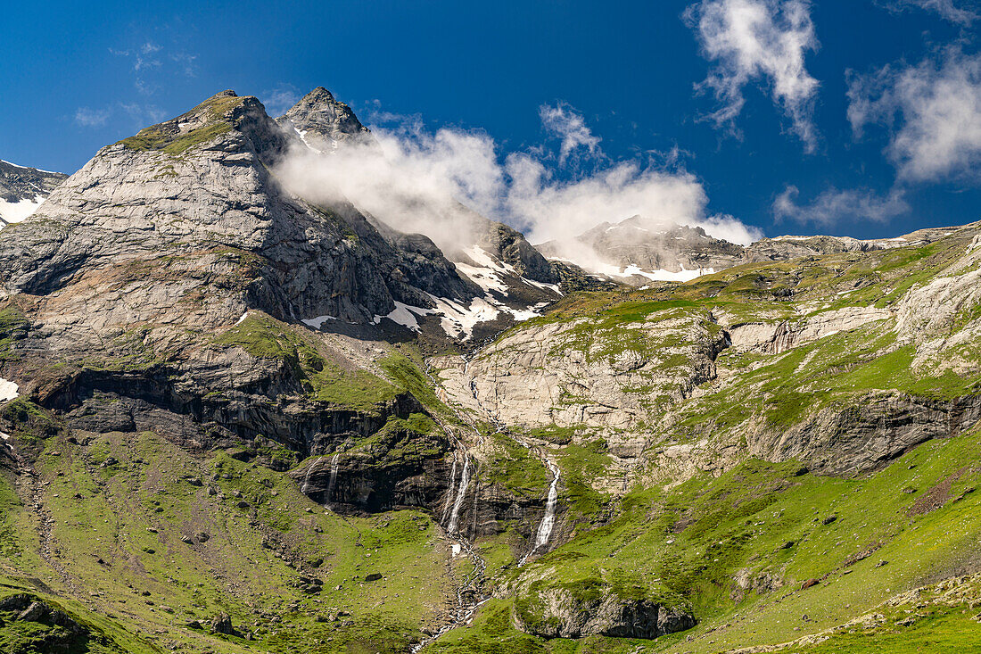  Waterfall at the Cirque de Troumouse in the Pyrenees National Park near Gavarnie-Gèdre, France, Europe 