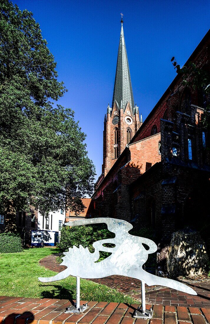  Motif hare and hedgehog, St. Petri church in the background, Buxtehude, Lower Saxony, Germany 