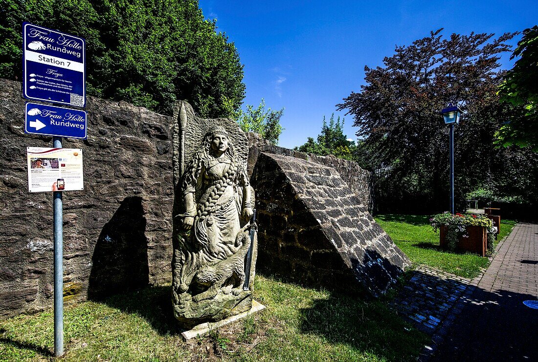  Frau Holle circular trail, city wall and statue of goddess Freya, Hessisch Lichtenau, Hesse, Germany 