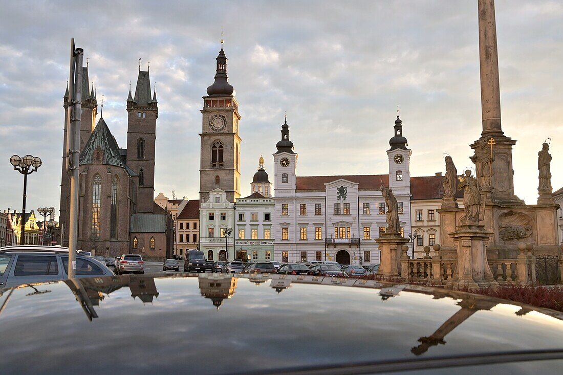  in the old town on the market square with the Holy Spirit Cathedral and the Old Town Hall, Hradec Kralove - Königgrätz, East Bohemia, Czech Republic 