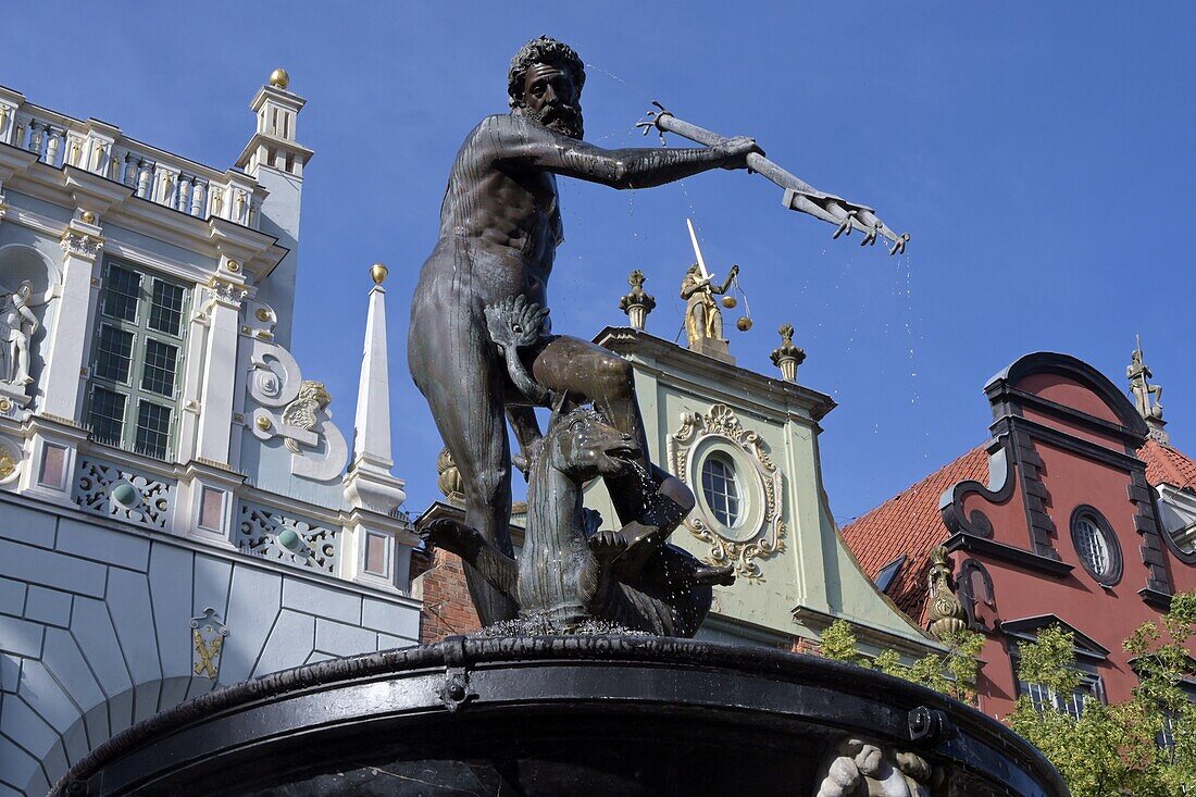 Neptunbrunnen am Langen Markt, Marktplatz, Danzig (Gdańsk), Polnische Ostseeküste, Pommern, Polen