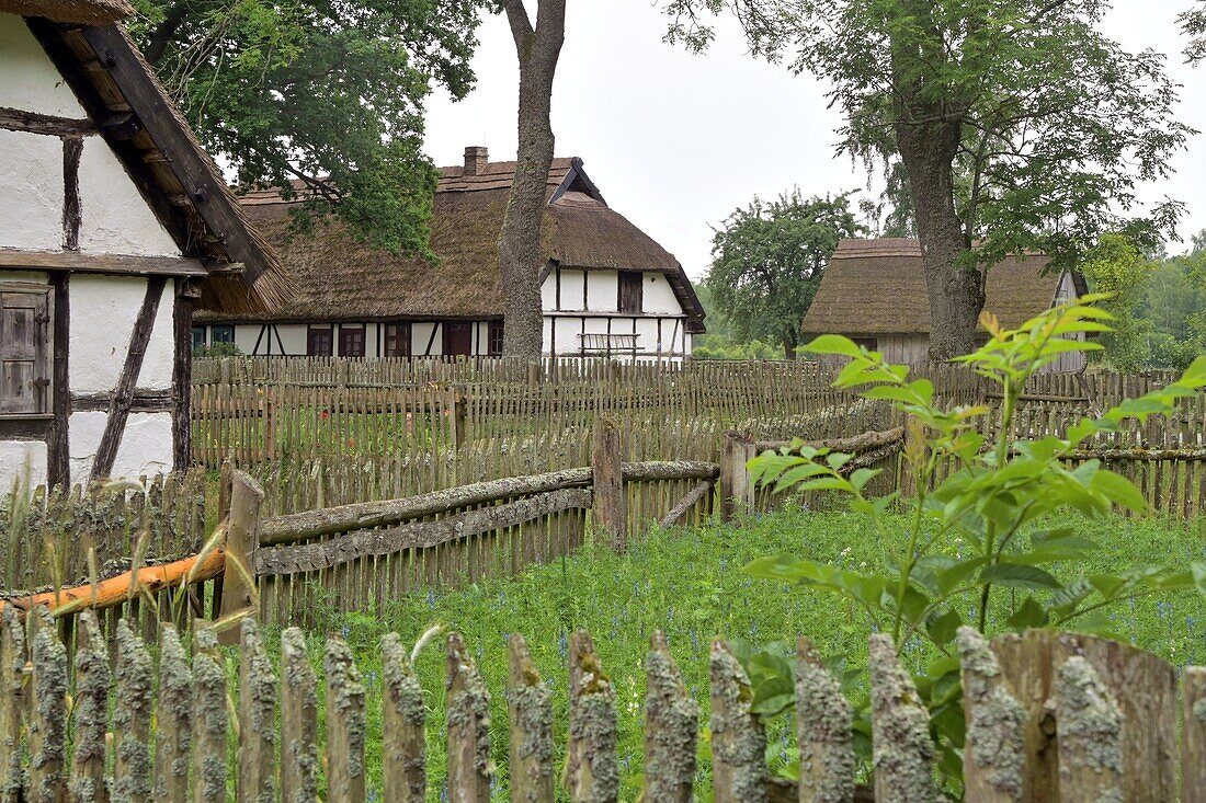 Typische Fachwerkhäuser und Bauerngarten im Freilichtmuseum in Kluki (Klucken), Ostseeküste, Pommern, Polen