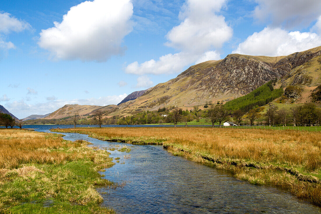  Warnscale Beck Bach fließt in den Lake Buttermere, Gatesgarth, Lake District Nationalpark, Cumbria, England, Großbritannien 