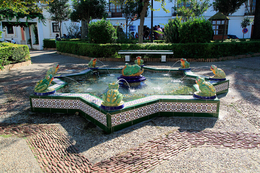  Springbrunnen auf der Plaza de Santa Maria, Tarifa, Provinz Cadiz, Spanien 