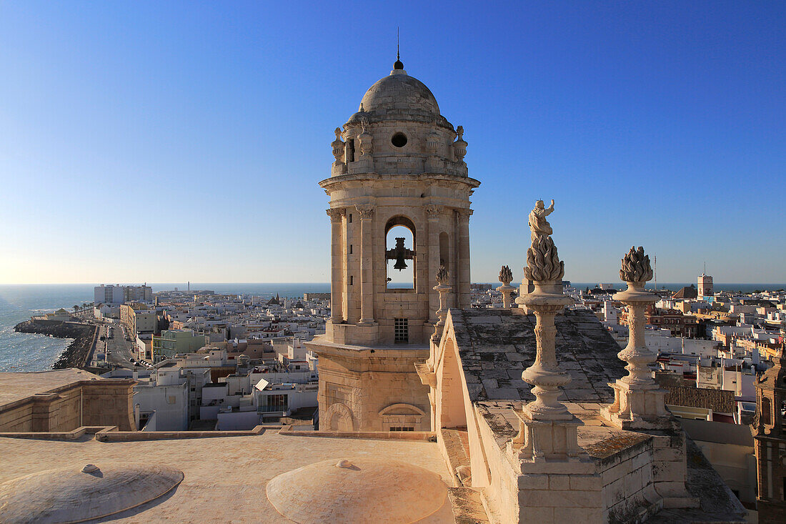 Rooftops of buildings in Barrio de la Vina, looking west from cathedral roof, Cadiz, Spain