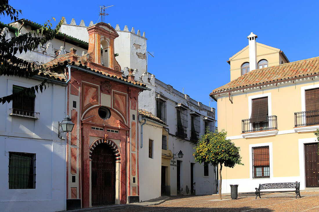 Attractive historic doorway and buildings in old inner city, Cordoba, Spain