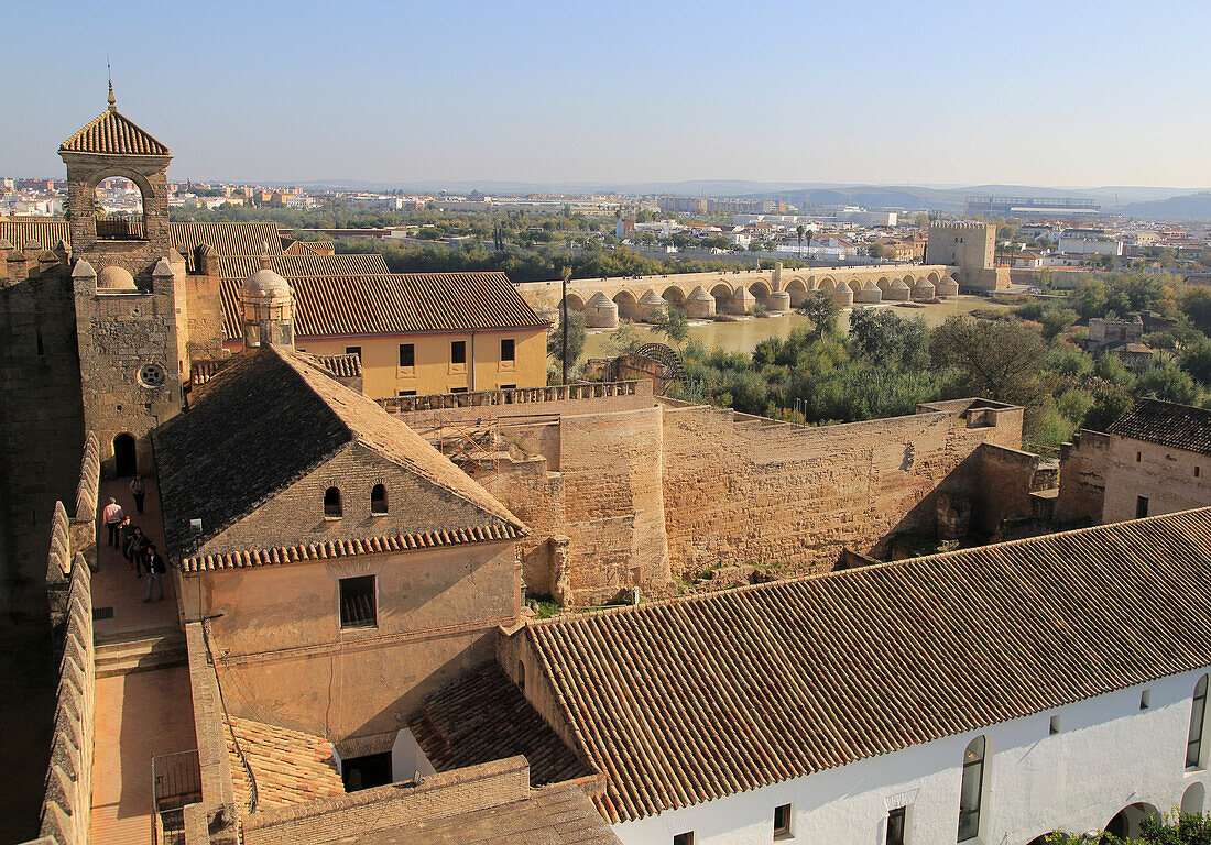 View to Roman bridge and river Rio Guadalquivir from Alcazar, Cordoba, Spain - Alcázar de los Reyes Cristianos