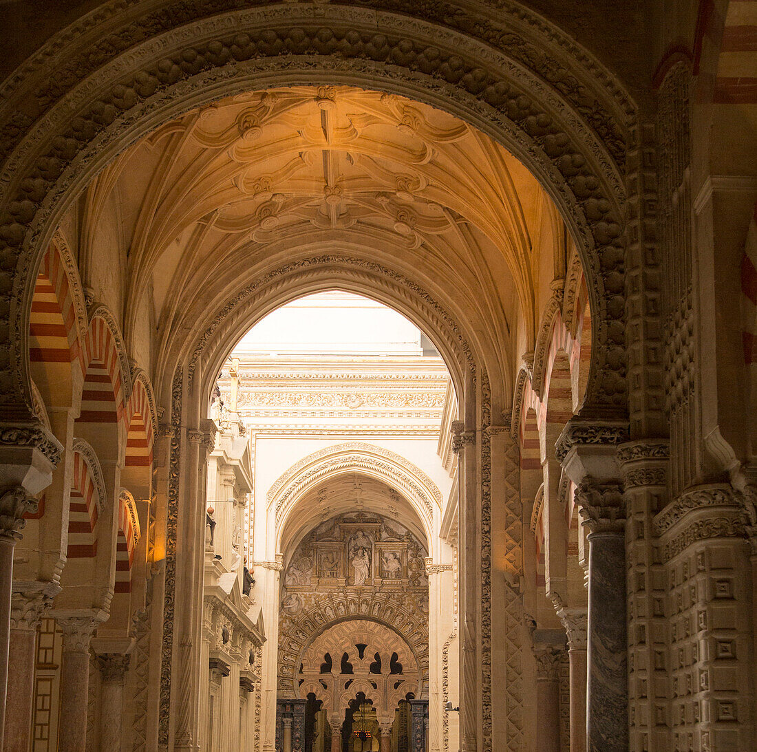 Arched ceilings interior of the cathedral inside the former mosque, Cordoba, Spain