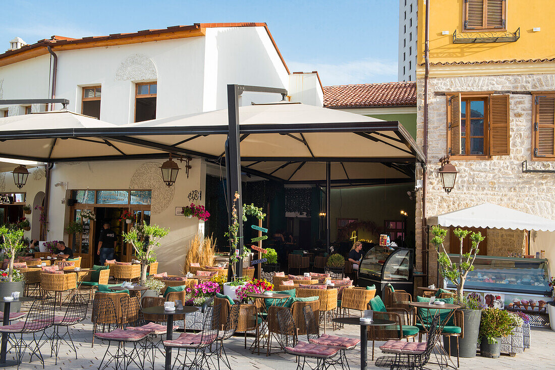 Cafe terrace, Renovated Old Town District, Vlore, seaside resort on the Adriatic Sea, Albania, Southeastern Europe