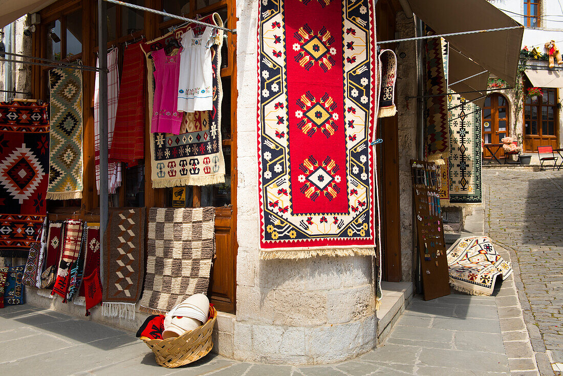 Tourist shop front in Gjirokaster or Gjirokastra, Municipality of Southern Albania, UNESCO World Heritage Site, Albania, Southeastern Europe