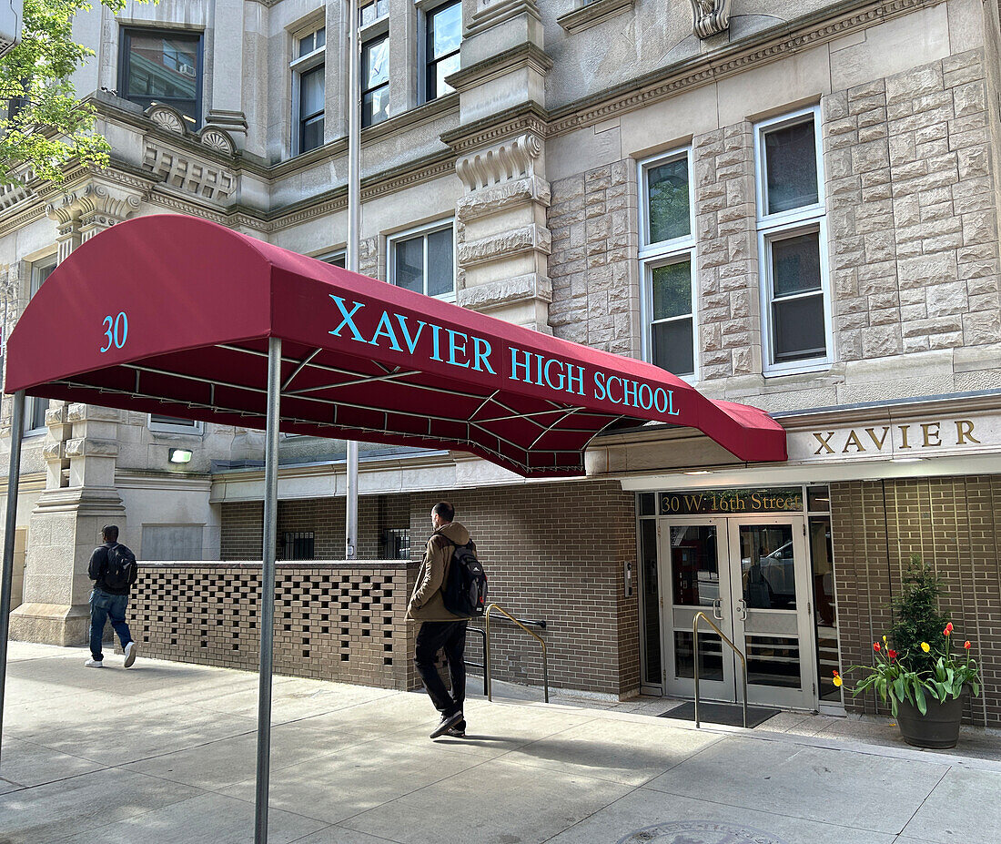 Xavier High School, red walkway awning, New York City, New York, USA