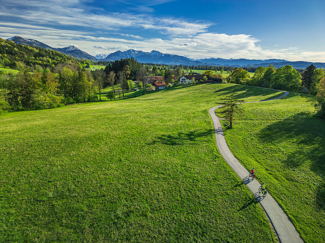  Man and woman on the Lake Constance-Königssee cycle path cycling through meadows towards Bavarian Alps, Bad Heilbrunn, Upper Bavaria, Bavaria, Germany 