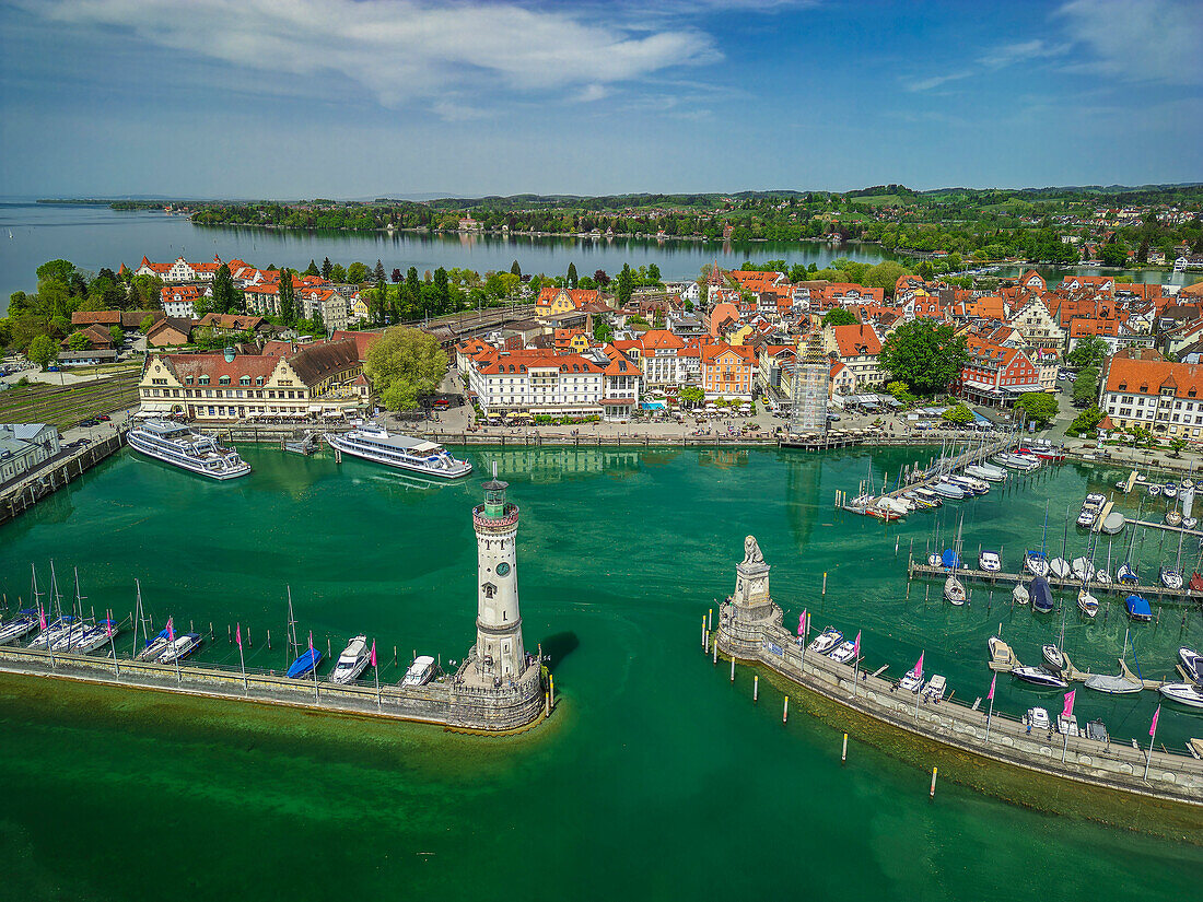  Aerial view of the port of Lindau, Lake Constance-Königssee cycle path, Lindau, Lake Constance, Swabia, Bavaria, Germany 